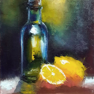 натюрморт, бутылка, лимоны