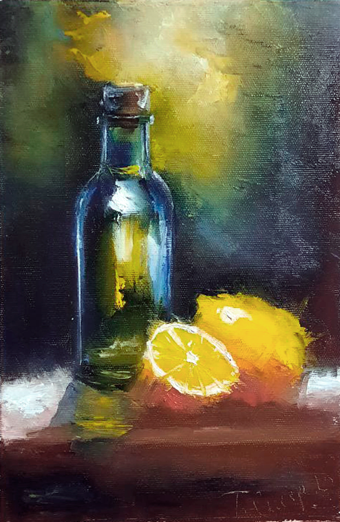 натюрморт, бутылка, лимоны